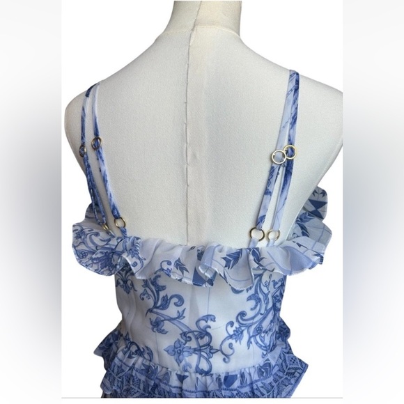 PatBO Amalfi Convertible White/Blue Printed Ruffle Chiffon Maxi Dress Size XS - Picture 13 of 17